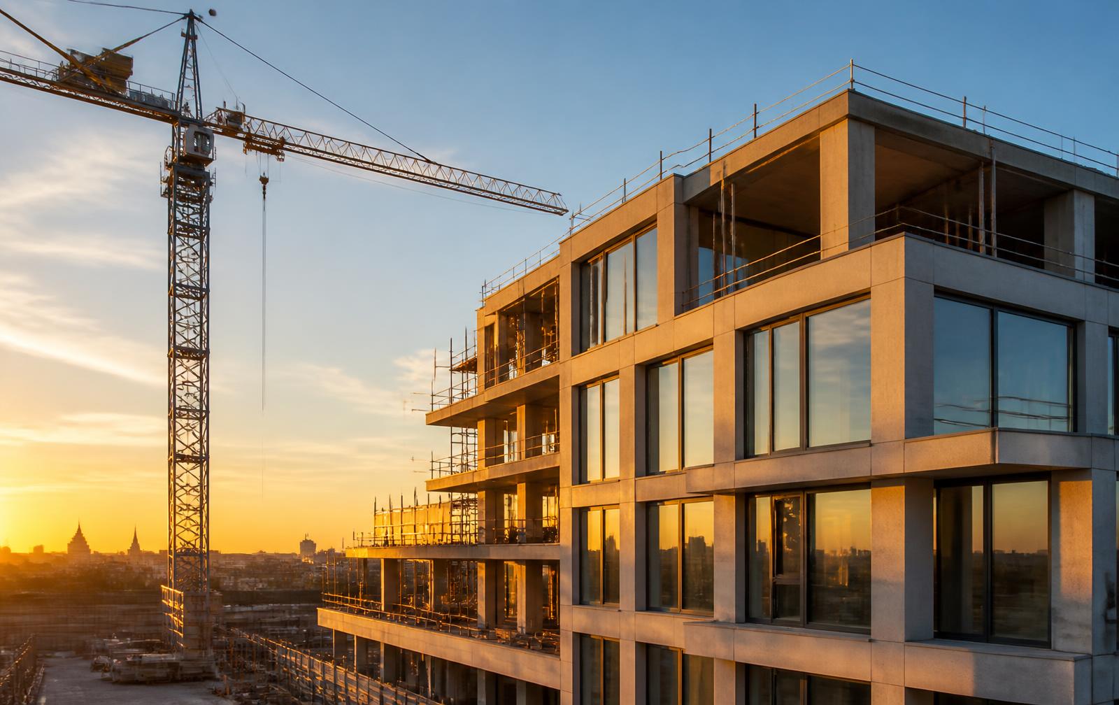 Edifício em construção ao pôr do sol